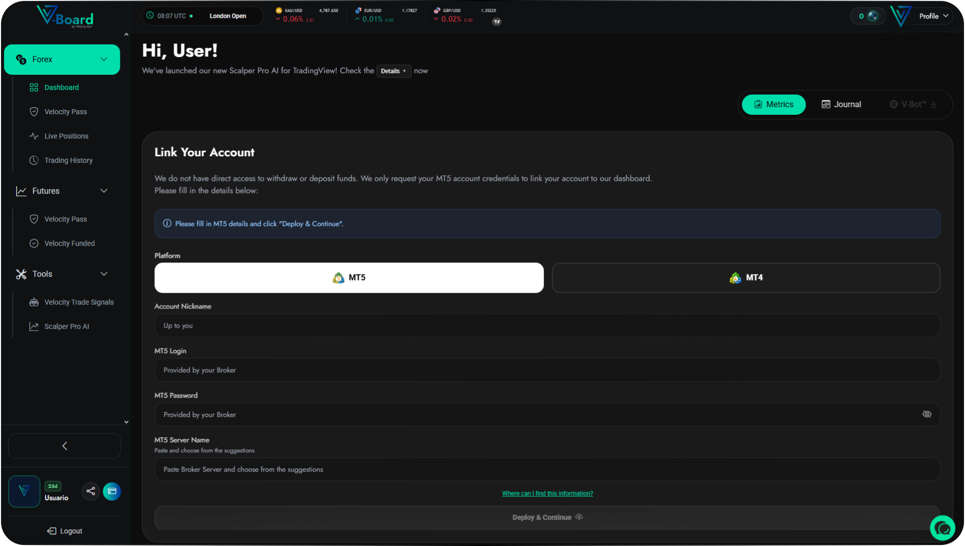 Velocity Bot dashboard